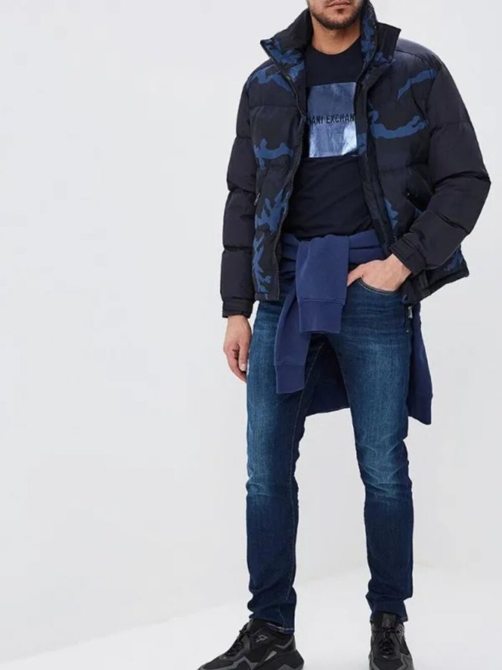 Armani Exchange A|X Navy Blue Camo Down Puffer Jacket Duck Down 3GZBG5 ZNFRZ